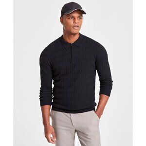 NWT Alfani Men's Textured Black Sweater XL With Point Collar & Zip Classic Prepp